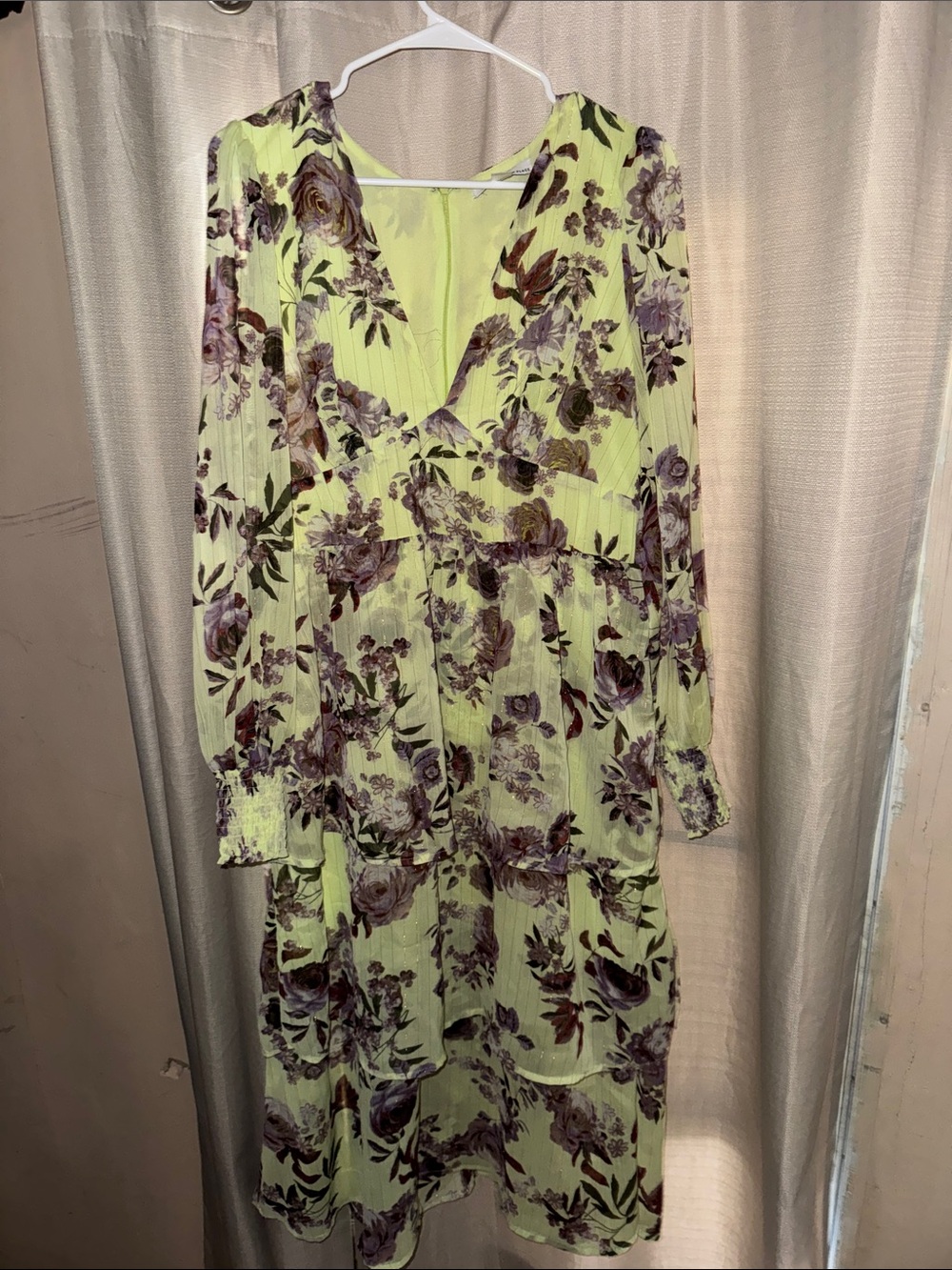 Nordstrom Pale Lime Floral Tiered Long Sleeve Dress